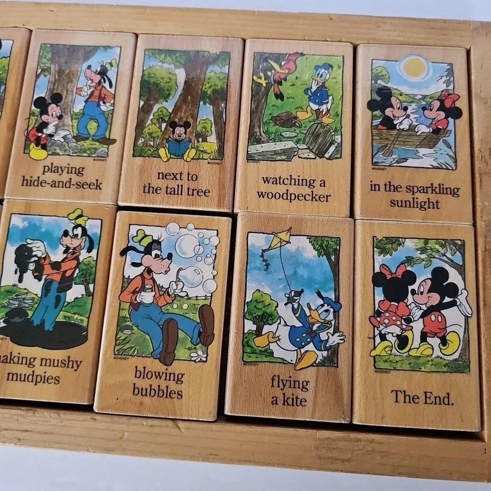 Vintage Disney Mickey Minnie Mouse Friends Wooden Story Blocks Puzzle Toy Tray‎